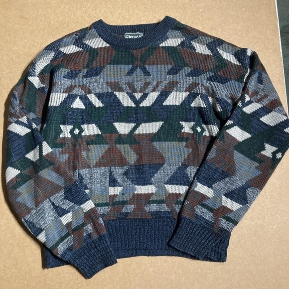 Vintage Campus 80s Knit Geometric Sweater Navy Blue Men's Large L Grandpa EUC - Picture 1 of 5